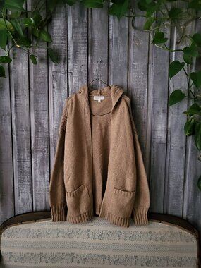 Wild Skye Tan Open Front Hooded Cardigan Ribbed Knit Sweater M
